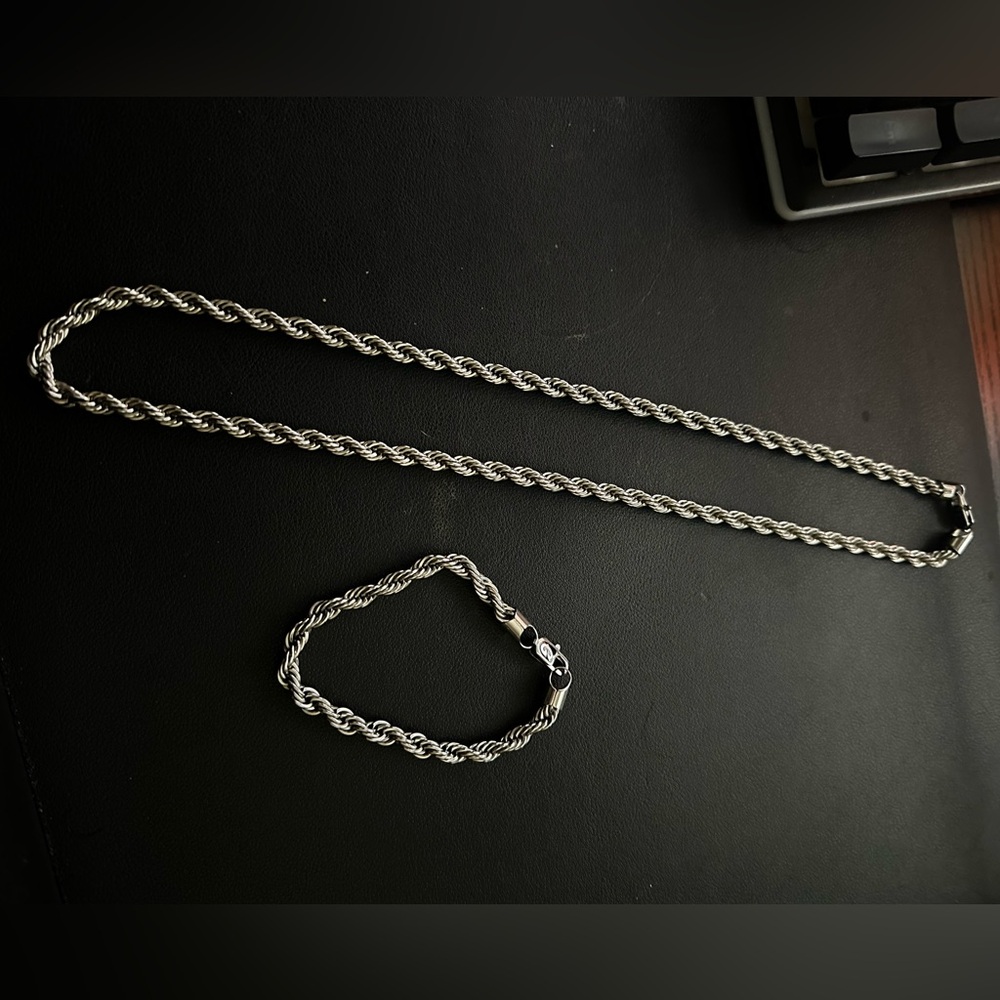GLD Silver Rope Chain Necklace and Bracelet Set size 22” and 8”